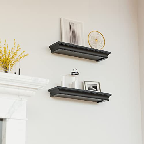 RICHER HOUSE Black Floating Shelves for Wall Decor, 16 Inches Wall Shelves Set of 3, Picture Ledge Wall Mounted, Crown Molding Display Shelves with Invisible Brackets in Bathroom, Bedroom, Living Room