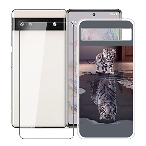 Phone Case for Google Pixel 6a (6.20") with [1 X Tempered Glass Screen Protector], HHUAN Clear Soft Silicone Bumper Cover, for Google Pixel 6a TPU Shockproof Shell - Cat and Tiger