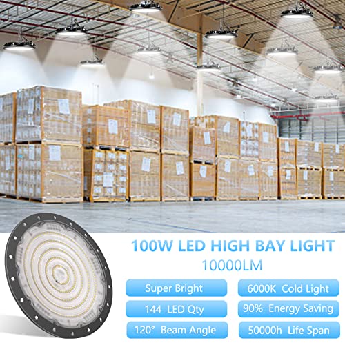 Royana 100W LED UFO High Bay Light, 6 Pack 10000LM Garage Lights High-Light Ceiling LED with 1.2M Cable 110V Plug LED Commercial Grade Light Lighting 6000K Shop Lights for Factory Warehouse Workshop