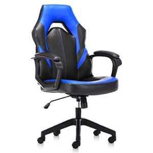 homefla office ergonomic computer gaming desk bonded leather swivel chair height adjustable cushioned armrests, blue