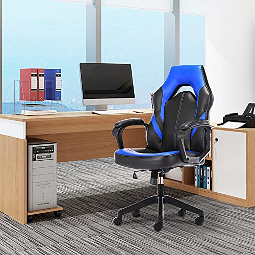 HOMEFLA Office Ergonomic Computer Gaming Desk Bonded Leather Swivel Chair Height Adjustable Cushioned Armrests, Blue