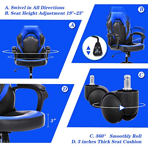 HOMEFLA Office Ergonomic Computer Gaming Desk Bonded Leather Swivel Chair Height Adjustable Cushioned Armrests, Blue