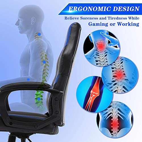 HOMEFLA Office Ergonomic Computer Gaming Desk Bonded Leather Swivel Chair Height Adjustable Cushioned Armrests, Blue