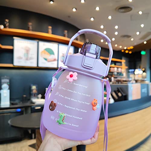 SUNAVY Girls Kawaii Water Bottle with Straw for School Large Capacity, Portable BPA Free Sports Drinking Bottle with Time Marker & Cute 3D Stickers for Outdoor Camping (Gradient Purple)