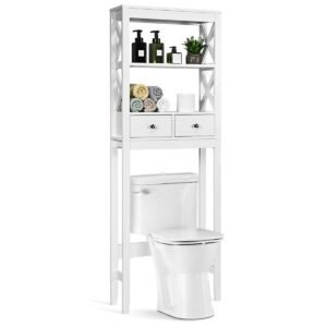 hysache over-the-toilet storage rack, bathroom space saver w/2 drawers & open shelves, fashionable elegant style, freestanding cabinet organizer, toilet shelves rack unit, white hw63773