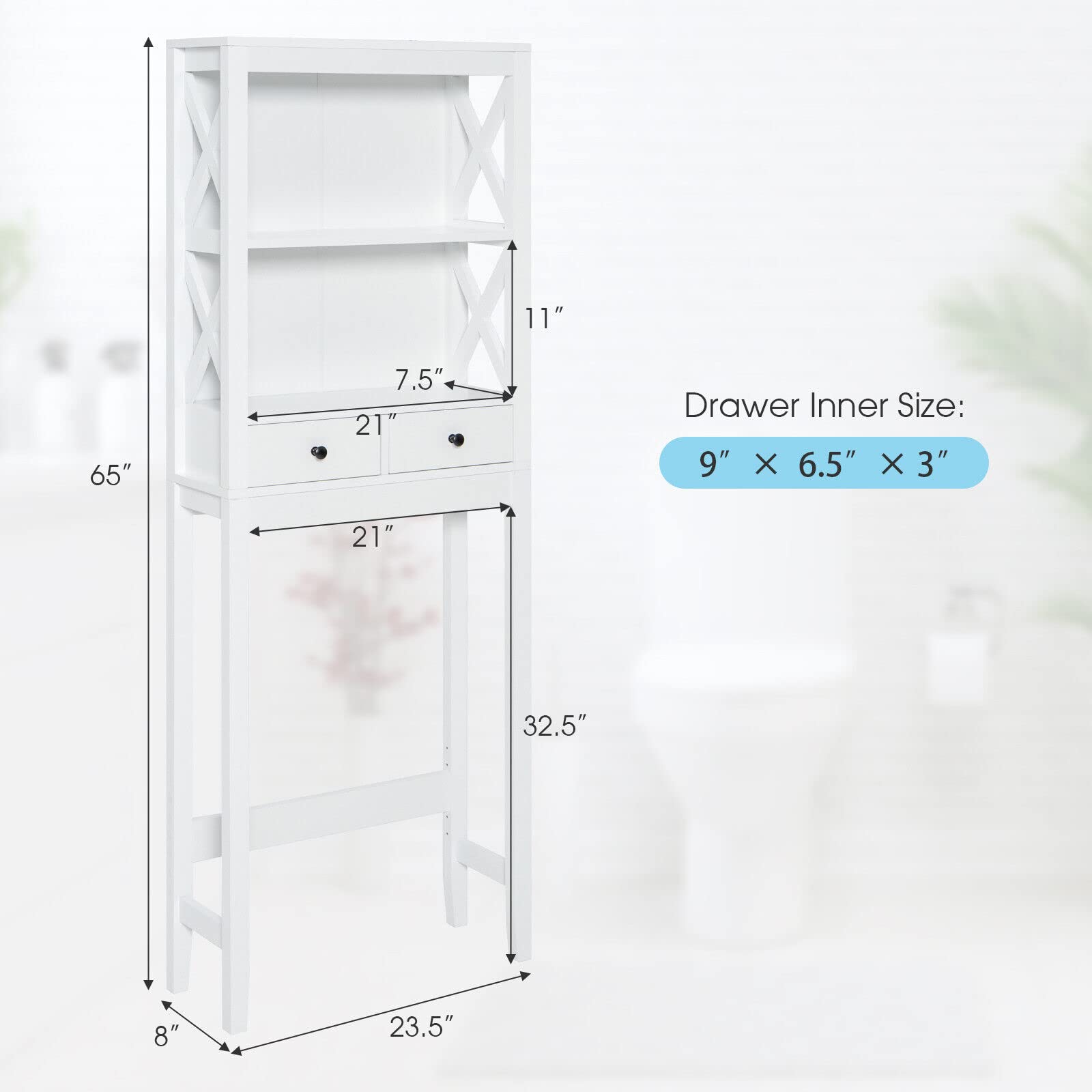 Hysache Over-The-Toilet Storage Rack, Bathroom Space Saver w/2 Drawers & Open Shelves, Fashionable Elegant Style, Freestanding Cabinet Organizer, Toilet Shelves Rack Unit, White HW63773