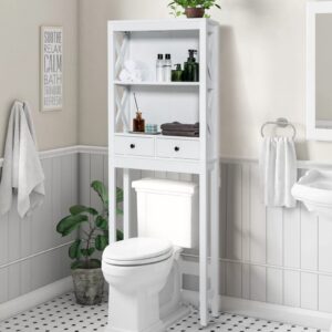Hysache Over-The-Toilet Storage Rack, Bathroom Space Saver w/2 Drawers & Open Shelves, Fashionable Elegant Style, Freestanding Cabinet Organizer, Toilet Shelves Rack Unit, White HW63773