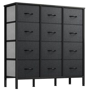 yitahome tall dresser with 12 drawers - fabric storage tower, organizer unit for bedroom, living room, hallway, closets & nursery - sturdy steel frame, wooden top & easy pull fabric bins (black gray)