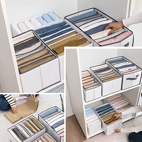 2 Pcs Wardrobe Clothes Organizer with Support Board- Foldable Mesh Closet Storage Large 7 Grids Divider Drawer Organizers Washable Compartment Box for Jeans T-shirt Pants Legging (L-7Grids), White