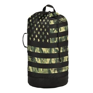 One Bear Camo American Flag Laundry Bag Drawstring Closure Waterproof Durable Backpack Storage Basket Organization Dirty Clothes Bag Laundry Hamper with Shoulder Straps