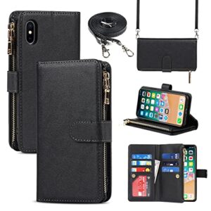 jaorty iphone xs phone case wallet for women men with credit card holder, iphone x crossbody case with strap shoulder lanyard, zipper pocket pu leather cases for iphone xs,5.8 inch black