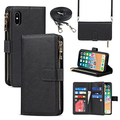 Jaorty iPhone Xs Phone Case Wallet for Women Men with Credit Card Holder, iPhone X Crossbody Case with Strap Shoulder Lanyard, Zipper Pocket PU Leather Cases for iPhone Xs,5.8 Inch Black