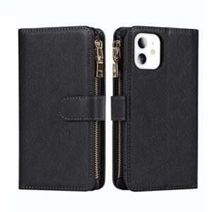 Jaorty iPhone 11 Phone Case Wallet for Women, iPhone 11 Case with Card Holder, Crossbody Case with Credit Card Holders and Slots Zipper Lanyard Strap Leather Cases for Men,6.1 Inch Black