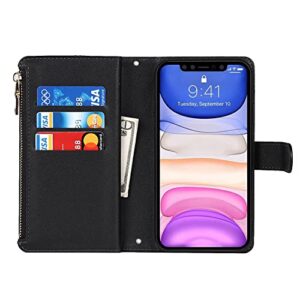 Jaorty iPhone 11 Phone Case Wallet for Women, iPhone 11 Case with Card Holder, Crossbody Case with Credit Card Holders and Slots Zipper Lanyard Strap Leather Cases for Men,6.1 Inch Black