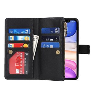 Jaorty iPhone 11 Phone Case Wallet for Women, iPhone 11 Case with Card Holder, Crossbody Case with Credit Card Holders and Slots Zipper Lanyard Strap Leather Cases for Men,6.1 Inch Black