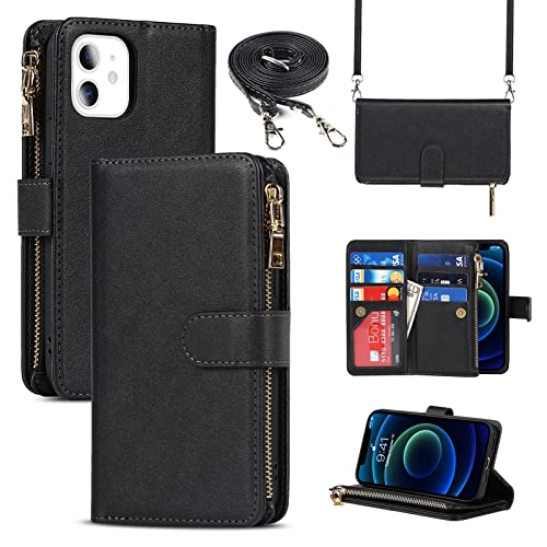 Jaorty iPhone 12 Mini Phone Case Wallet for Women Men with Credit Card Holder, iPhone 12 Mini Crossbody Case with Strap Shoulder Lanyard, Zipper Pocket PU Leather Cases for iPhone 12 Mini,5.4" Black