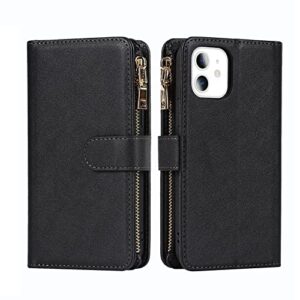 Jaorty iPhone 12 Mini Phone Case Wallet for Women Men with Credit Card Holder, iPhone 12 Mini Crossbody Case with Strap Shoulder Lanyard, Zipper Pocket PU Leather Cases for iPhone 12 Mini,5.4" Black