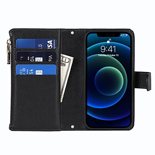 Jaorty iPhone 12 Mini Phone Case Wallet for Women Men with Credit Card Holder, iPhone 12 Mini Crossbody Case with Strap Shoulder Lanyard, Zipper Pocket PU Leather Cases for iPhone 12 Mini,5.4" Black