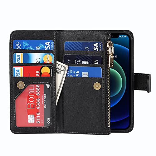 Jaorty iPhone 12 Mini Phone Case Wallet for Women Men with Credit Card Holder, iPhone 12 Mini Crossbody Case with Strap Shoulder Lanyard, Zipper Pocket PU Leather Cases for iPhone 12 Mini,5.4" Black