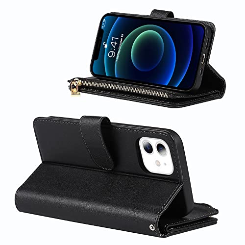 Jaorty iPhone 12 Mini Phone Case Wallet for Women Men with Credit Card Holder, iPhone 12 Mini Crossbody Case with Strap Shoulder Lanyard, Zipper Pocket PU Leather Cases for iPhone 12 Mini,5.4" Black