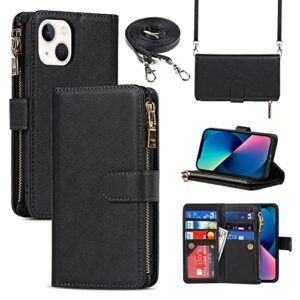 jaorty iphone 13 mini phone case wallet for women men with credit card holder, iphone 13 mini crossbody case with strap shoulder lanyard, zipper pocket pu leather cases for iphone 13 mini,5.4" black