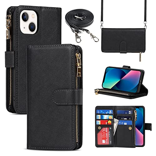 Jaorty iPhone 13 Mini Phone Case Wallet for Women Men with Credit Card Holder, iPhone 13 Mini Crossbody Case with Strap Shoulder Lanyard, Zipper Pocket PU Leather Cases for iPhone 13 Mini,5.4" Black