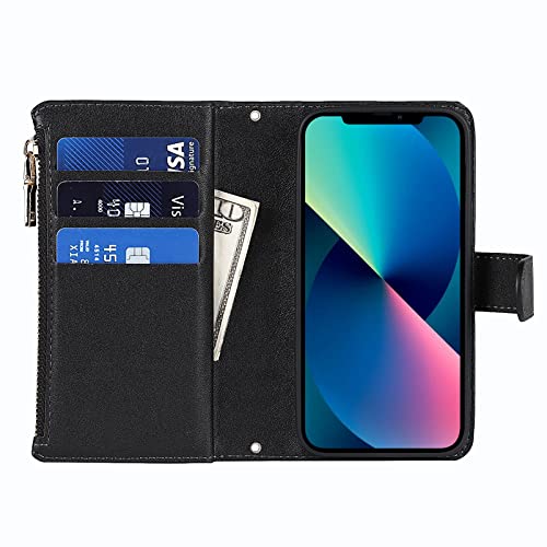 Jaorty iPhone 13 Mini Phone Case Wallet for Women Men with Credit Card Holder, iPhone 13 Mini Crossbody Case with Strap Shoulder Lanyard, Zipper Pocket PU Leather Cases for iPhone 13 Mini,5.4" Black