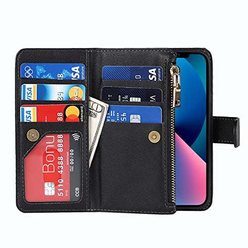 Jaorty iPhone 13 Mini Phone Case Wallet for Women Men with Credit Card Holder, iPhone 13 Mini Crossbody Case with Strap Shoulder Lanyard, Zipper Pocket PU Leather Cases for iPhone 13 Mini,5.4" Black