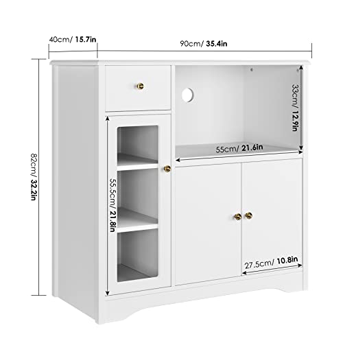 HORSTORS Storage Cabinet with 3 Doors and 1 Drawer, Buffet Cabinet Sideboard with Adjustable Shelves, Microwave Stand Cabinet for Kitchen, Dining Room, White