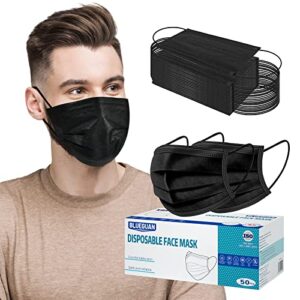 black disposable face masks - 50 pack black masks for women and men，3 ply breathable adult face masks