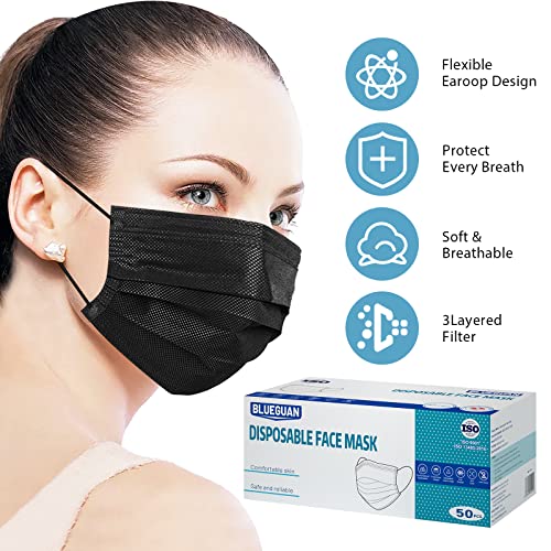 Black Disposable Face Masks - 50 Pack Black Masks for Women and Men，3 Ply Breathable Adult Face Masks
