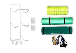 koolist yoga mats holder, wall mount, rack for yoga mats or towel storage. 3 shelf contoured design with additional 4 hook assembly