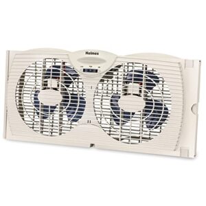 holmes dual blade manual window fan with double sided speed control, dual 3 blade fans, manual reversible intake and exhaust, expandable side panel with additional extender panels, white