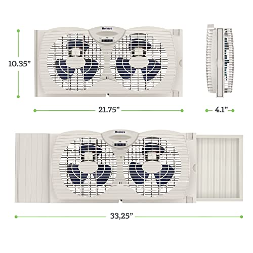 HOLMES Dual Blade Manual Window Fan with Double Sided Speed Control, Dual 3 Blade Fans, Manual Reversible Intake and Exhaust, Expandable Side Panel with Additional Extender Panels, White