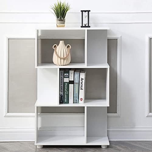 AC Pacific Manor Small Book Shelf, Staggered 3 Shelf Bookcase for Stylish and Efficient Home Storage, Ideal for Living Room, Bedroom, Home Office, Nursery or Entryway, Snowy White