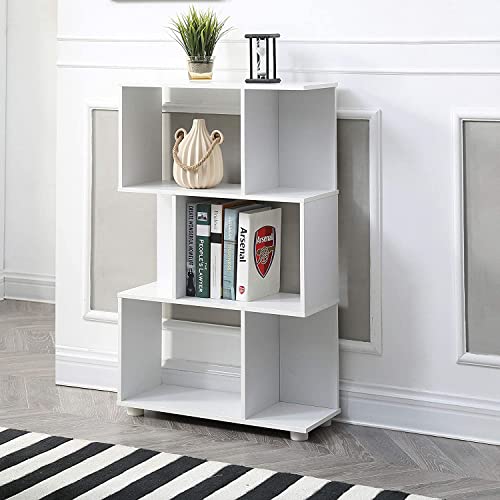 AC Pacific Manor Small Book Shelf, Staggered 3 Shelf Bookcase for Stylish and Efficient Home Storage, Ideal for Living Room, Bedroom, Home Office, Nursery or Entryway, Snowy White