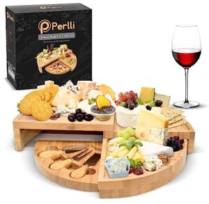 perlli bamboo cheese board & knife set, large folding 18 inch round wood rotating charcuterie board set cheese meat wine serving tray platter, home decor holiday gift set