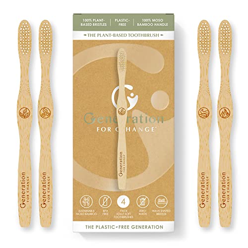 Generation For Change The Plant-Based Toothbrush 4 Pack Adult Soft Sustainable Bamboo Toothbrushes | Biodegradable Plastic Free Bristles Made from Castor Oil | Eco Friendly | Zero Waste Products