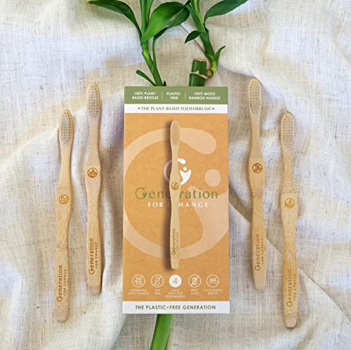 Generation For Change The Plant-Based Toothbrush 4 Pack Adult Soft Sustainable Bamboo Toothbrushes | Biodegradable Plastic Free Bristles Made from Castor Oil | Eco Friendly | Zero Waste Products