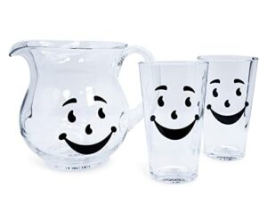 kool-aid man 64-ounce glass pitcher and two 16-ounce pint glasses | beverage dispenser carafe and glassware for water, juice, iced tea, cocktails | home & kitchen essentials, nostalgic gifts