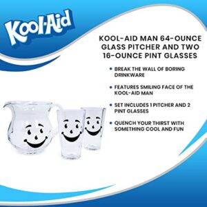 Kool-Aid Man 64-Ounce Glass Pitcher and Two 16-Ounce Pint Glasses | Beverage Dispenser Carafe and Glassware For Water, Juice, Iced Tea, Cocktails | Home & Kitchen Essentials, Nostalgic Gifts