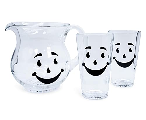 Kool-Aid Man 64-Ounce Glass Pitcher and Two 16-Ounce Pint Glasses | Beverage Dispenser Carafe and Glassware For Water, Juice, Iced Tea, Cocktails | Home & Kitchen Essentials, Nostalgic Gifts