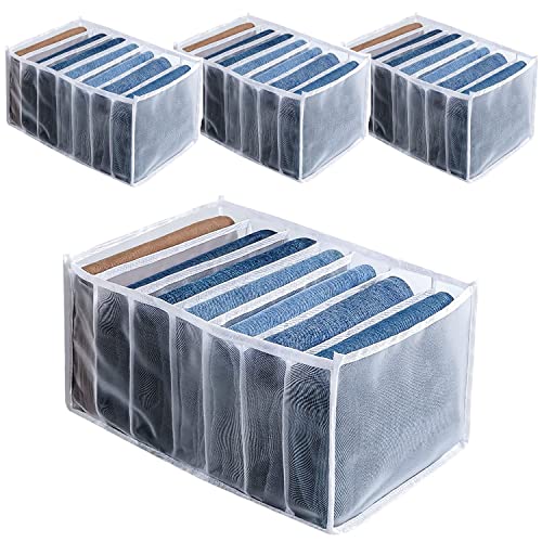 YUANSEN 7 Grids Washable Wardrobe Clothes Organizer, Jeans Compartment Storage Box Foldable Closet Drawer Organizer Mesh Separation for Bedroom, Pants T-Shirt Legging (4PCS Large)