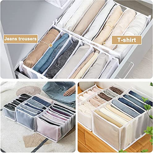 YUANSEN 7 Grids Washable Wardrobe Clothes Organizer, Jeans Compartment Storage Box Foldable Closet Drawer Organizer Mesh Separation for Bedroom, Pants T-Shirt Legging (4PCS Large)