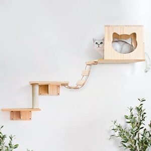 cat wall shelves, cat shelves and perches for wall, cat wall furniture set 5 pcs cat wall mounted with 1 cat condos house, 2 cat wall shelves, 1 cat sisal scratching post, 1 ladder