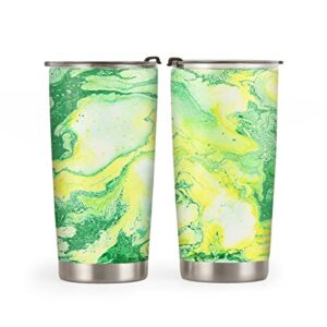 64hydro 20oz coffee thermos for women, inspirational birthday gifts for her, gifts for mom daughter sister friends, abstract green yellow marble tumbler cup, insulated travel coffee mug with lid