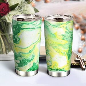 64HYDRO 20oz Coffee Thermos for Women, Inspirational Birthday Gifts for Her, Gifts for Mom Daughter Sister Friends, Abstract Green Yellow Marble Tumbler Cup, Insulated Travel Coffee Mug with Lid
