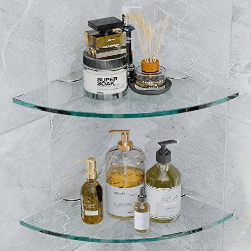 AlaKong Set of 3 Shower Corner Shelf Wall Mount Tempered Glass Shelves for Bathroom Corner Shelves Shower Wall Caddy Shampoo Holder Organizer No Drilling Adhesive Corner Glass Shelf for Shower Corner