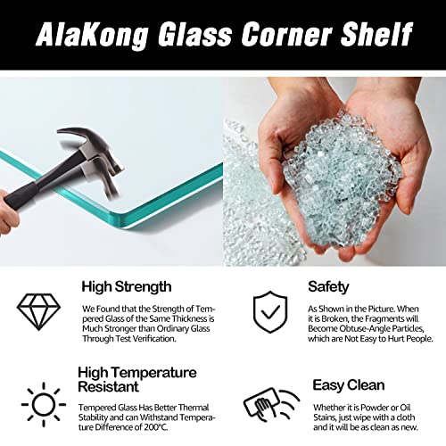 AlaKong Set of 3 Shower Corner Shelf Wall Mount Tempered Glass Shelves for Bathroom Corner Shelves Shower Wall Caddy Shampoo Holder Organizer No Drilling Adhesive Corner Glass Shelf for Shower Corner