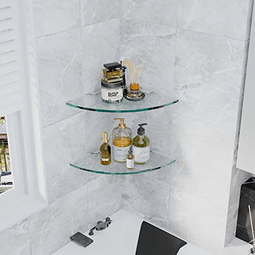 AlaKong Set of 3 Shower Corner Shelf Wall Mount Tempered Glass Shelves for Bathroom Corner Shelves Shower Wall Caddy Shampoo Holder Organizer No Drilling Adhesive Corner Glass Shelf for Shower Corner